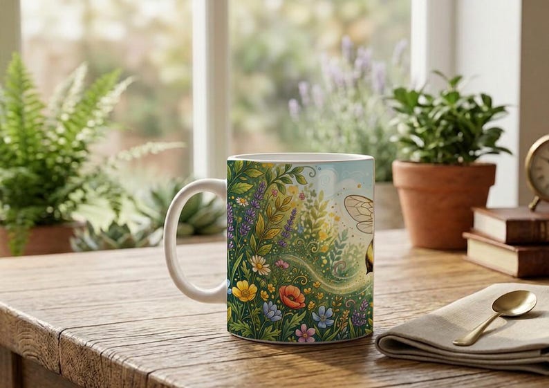 Cute mug with illustration of a flying bee and floral pattern image 5