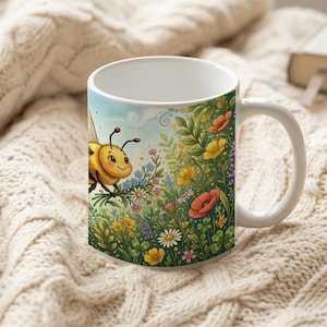 Cute mug with illustration of a flying bee and floral pattern image 6
