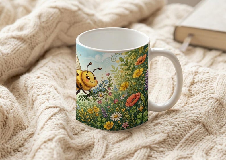 Cute mug with illustration of a flying bee and floral pattern image 6