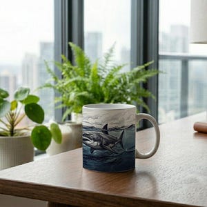 Mug Coffee Cup with Shark and Swimmer Design Scribble Drawing Ocean Scene image 3