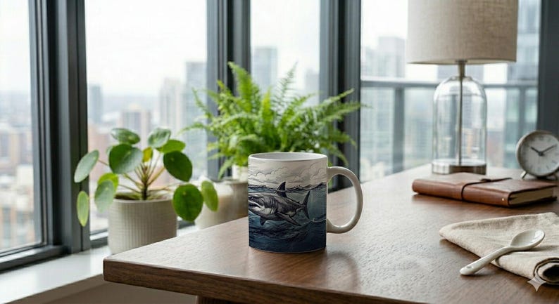 Mug Coffee Cup with Shark and Swimmer Design Scribble Drawing Ocean Scene image 3