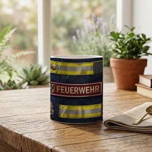 Mug with Firefighter Uniform Close Up Detail Photography Motif image 4