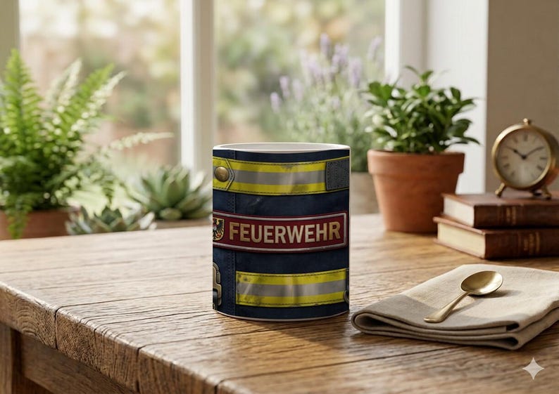 Mug with Firefighter Uniform Close Up Detail Photography Motif image 4