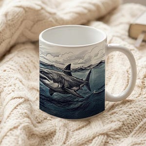 Mug Coffee Cup with Shark and Swimmer Design Scribble Drawing Ocean Scene image 6
