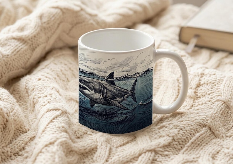 Mug Coffee Cup with Shark and Swimmer Design Scribble Drawing Ocean Scene image 6