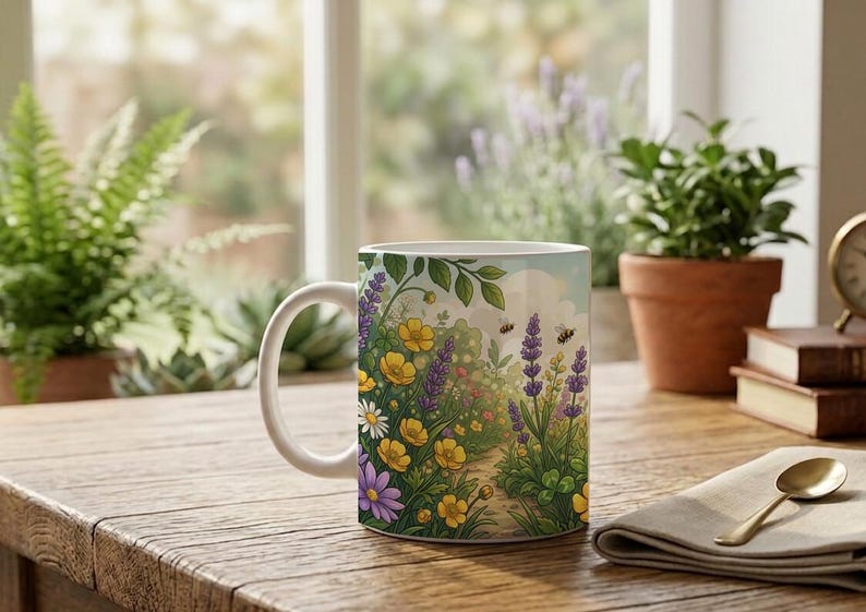 Mug Cute Honey Bee Meadow Illustration image 5