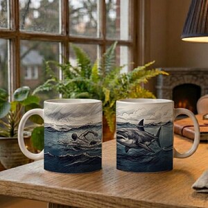 Mug Coffee Cup with Shark and Swimmer Design Scribble Drawing Ocean Scene image 2