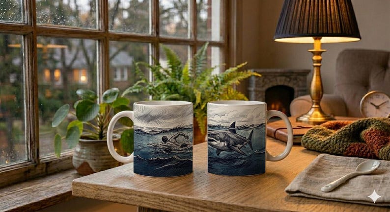 Mug Coffee Cup with Shark and Swimmer Design Scribble Drawing Ocean Scene image 2