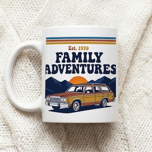 Mug with 1970s Family Adventure Retro Design Station Wagon and Mountains image 1