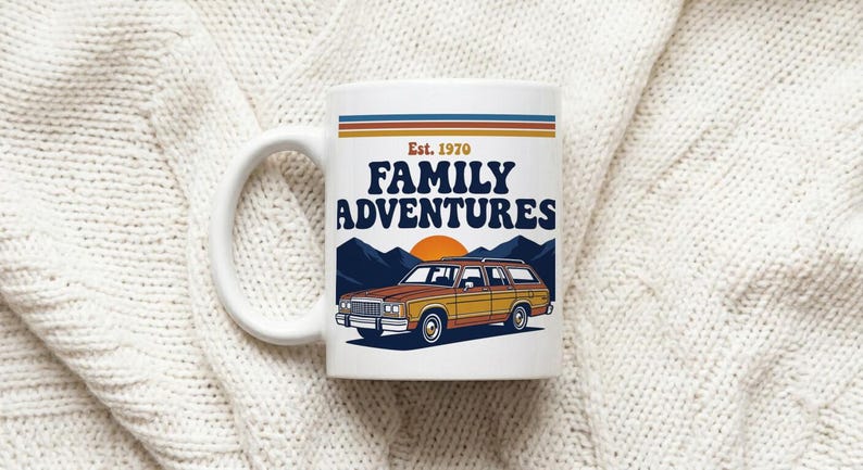 Mug with 1970s Family Adventure Retro Design Station Wagon and Mountains image 1