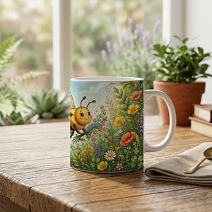 Cute mug with illustration of a flying bee and floral pattern
