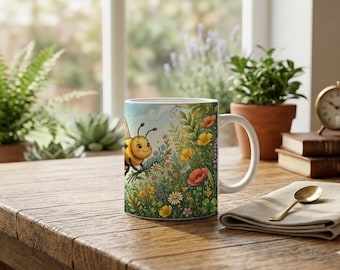 Cute mug with illustration of a flying bee and floral pattern
