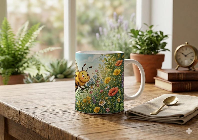 Cute mug with illustration of a flying bee and floral pattern image 1