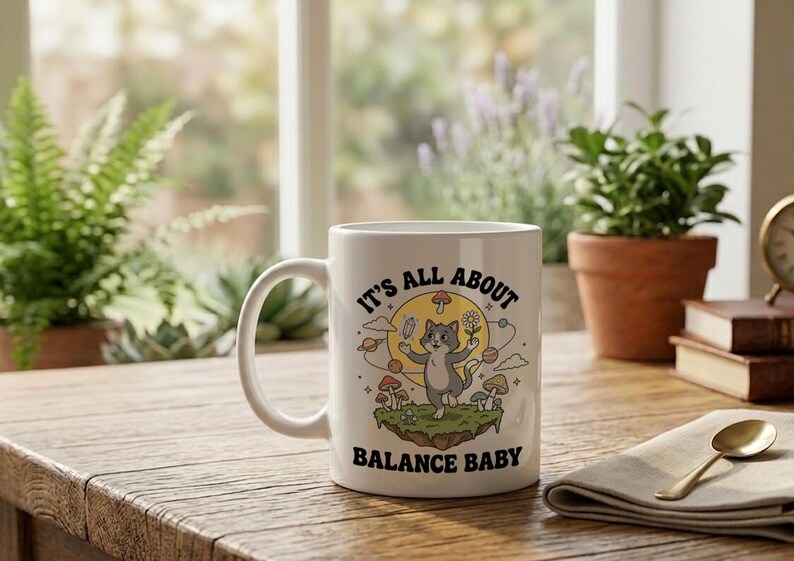 Mug Balance Cat Mushroom Daisy Retro Cartoon image 2