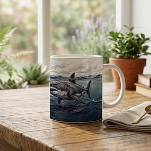 Mug Coffee Cup with Shark and Swimmer Design Scribble Drawing Ocean Scene