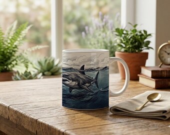 Mug Coffee Cup with Shark and Swimmer Design Scribble Drawing Ocean Scene