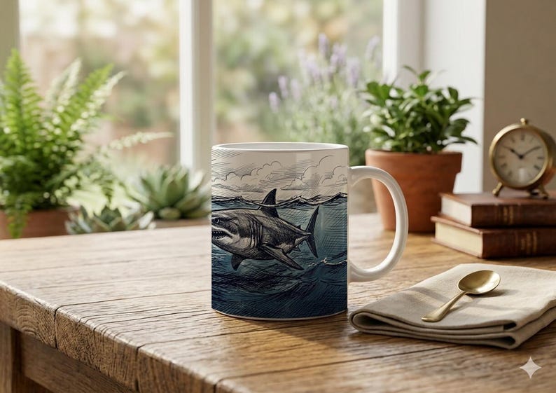Mug Coffee Cup with Shark and Swimmer Design Scribble Drawing Ocean Scene image 1