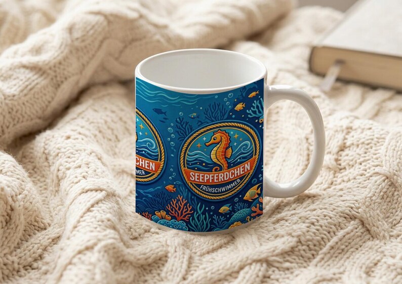 Seahorse Swimming Badge Mug | Nautical Children's Design | Ceramic Coffee Mug for Kids | Swimming Lesson Gift | Seahorse image 6