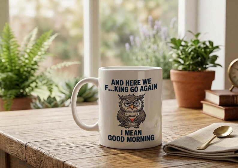 Mug with grumpy owl And Here We Go Again Funny coffee gift image 2
