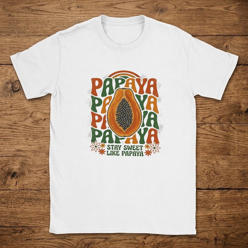 Women's Papaya T-Shirt Retro 70s Boho Graphic Fruit Print Short Sleeve image 1