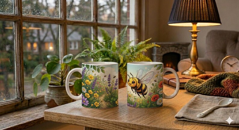 Mug Cute Honey Bee Meadow Illustration image 2