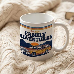 Mug with 1970s Family Adventure Retro Design Station Wagon and Mountains image 3
