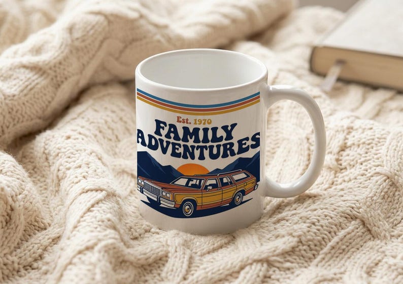 Mug with 1970s Family Adventure Retro Design Station Wagon and Mountains image 3
