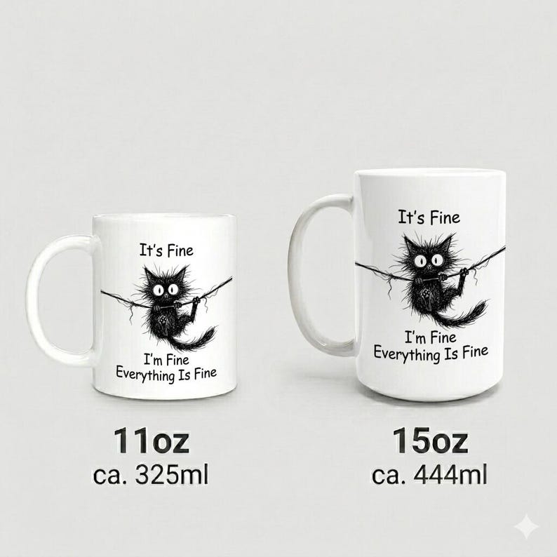 It's Fine I'm Fine Cat Doodled Mug Clinging to Thread Black Ink image 4