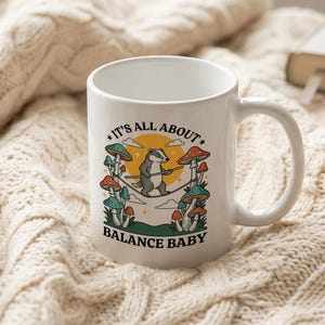 Mug Badger Tightrope Walk Mushrooms Quote Balance Baby Retro Folk Art image 3
