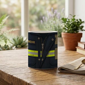 Tazza con dettaglio ravvicinato di un'uniforme da pompiere. immagine 3