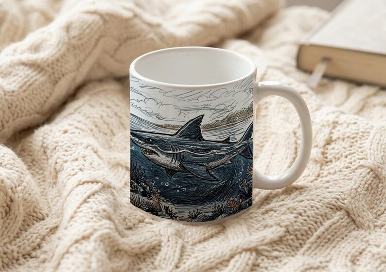 Mug Swimmer Shark Pursuit Scribble Style Coffee Cup image 6