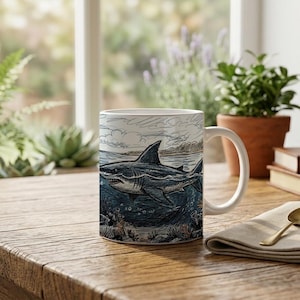 Mug Swimmer Shark Pursuit Scribble Style Coffee Cup image 1
