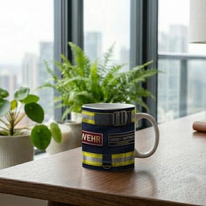 Mug with Firefighter Uniform Close Up Detail Photography Motif image 3