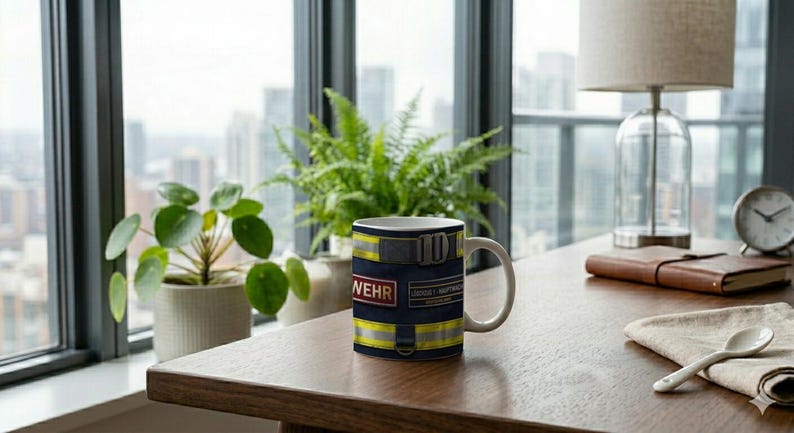 Mug with Firefighter Uniform Close Up Detail Photography Motif image 3