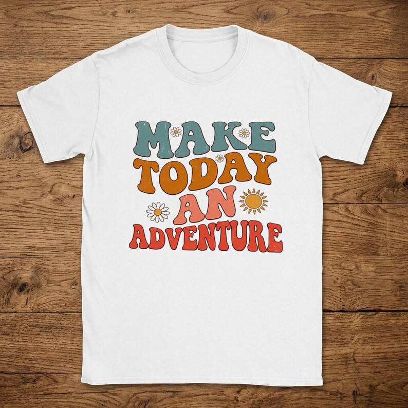 T-Shirt Retro Adventure Vintage Groovy Style Motif Colorful Text Distressed Look Flowers Sun image 1