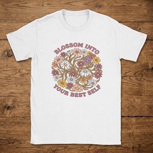 T-Shirt Blossom Into Your Best Self Retro Floral Wreath Pastel image 1