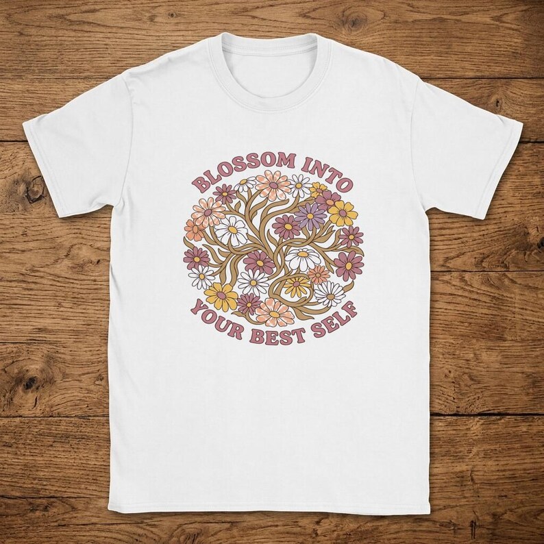 T-Shirt Blossom Into Your Best Self Retro Floral Wreath Pastel image 1