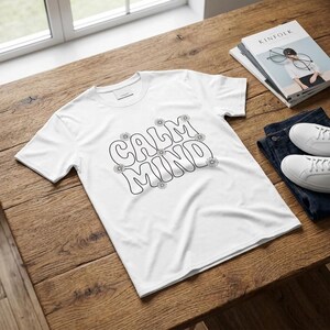T-Shirt Calm Mind Retro Wavy Bubble Font Pastel Daisies Screen Print Aesthetic image 7