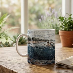 Mug Swimmer Shark Pursuit Scribble Style Coffee Cup image 5