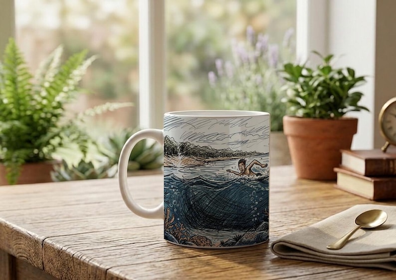 Mug Swimmer Shark Pursuit Scribble Style Coffee Cup image 5