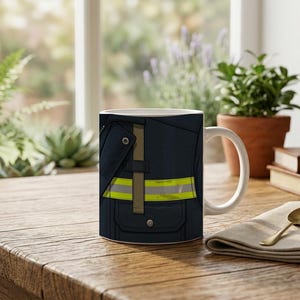 Tazza con dettaglio ravvicinato di un'uniforme da pompiere. immagine 1