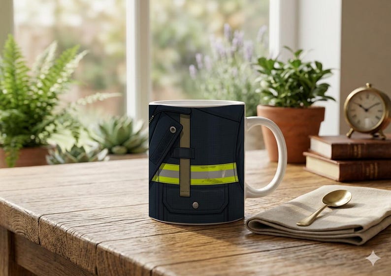 Tazza con dettaglio ravvicinato di un'uniforme da pompiere. immagine 1