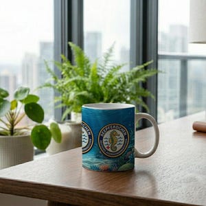 Tasse Seepferdchen für Kinder | Schwimmabzeichen Geschenk | Maritime Keramik Tasse mit Badges | Minimalistisches Design Bild 3