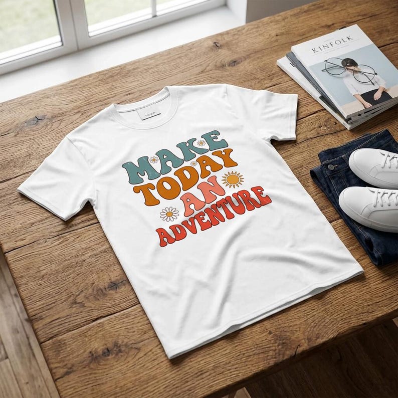 T-Shirt Retro Adventure Vintage Groovy Style Motif Colorful Text Distressed Look Flowers Sun image 7