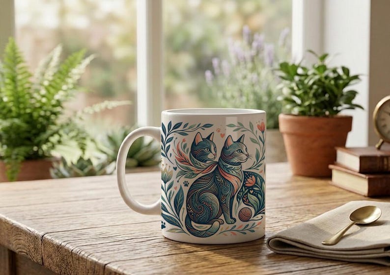 Mug Cat Mom Aesthetic Cat Motif Ceramic Coffee Cup image 2
