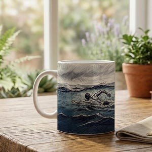 Mug Coffee Cup with Shark and Swimmer Design Scribble Drawing Ocean Scene image 5