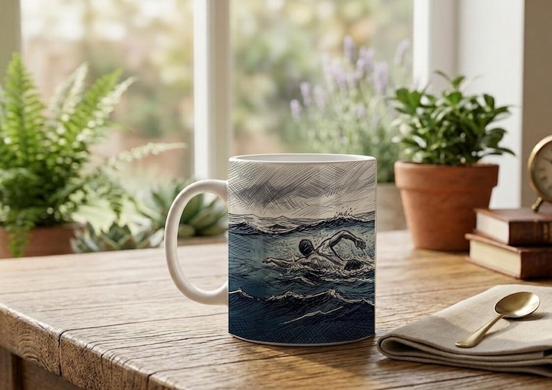 Mug Coffee Cup with Shark and Swimmer Design Scribble Drawing Ocean Scene image 5