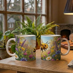 Kids Mug with Flying Honey Bee and Flower Design image 2