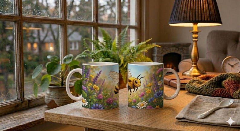 Kids Mug with Flying Honey Bee and Flower Design image 2