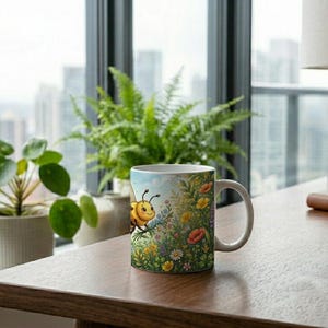 Cute mug with illustration of a flying bee and floral pattern image 3